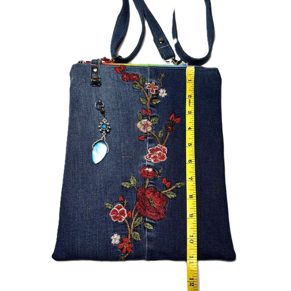 Handmade Upcycled Flower Embroidered Crossbody Bag With Handmade Beaded Tassel - Picture 4 of 5